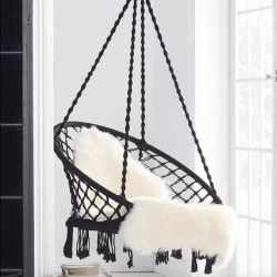 Scaun rotund tip leagan suspendat pentru casa sau gradina, cu franjuri, 150kg, negru