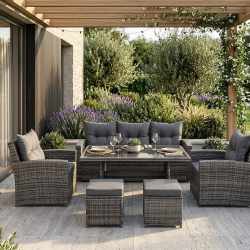 Set mobilier gradina 7 piese, canapea 3 locuri, 2 fotolii, 2 tabureti si masa cu blat sticla, ratan PE, 187x78x85 cm, gri