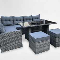 Set mobilier gradina coltar 4 piese, canapea, masa si 2 tabureti, ratan PE, 182x68x68 cm, gri