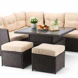 Set mobilier gradina coltar 5 piese, canapea colt, 2 tabureti si masa reglabila pe inaltime, ratan PE, 179x69x73 cm, maro si crem