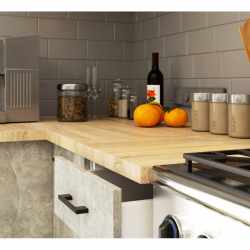 Set mobila bucatarie Olivia 180 cm, cu blat stejar sonoma, PAL laminat, 5 corpuri, 180x46x203 cm, alb si gri beton