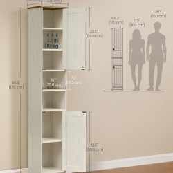 SONGMICS Dulap de baie ingust, cu rafturi reglabile si 2 compartimente deschise, PAL si MDF, 30x30x170 cm, alb rustic