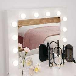 Masa de toaleta si machiaj Hollywood, alba, cu 2 sertare, oglinda si 12 LED-uri, taburet tapitat, 80x40x140 cm