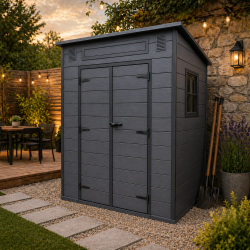 Magazie gradina pentru unelte, cu usa dubla si fereastra, PVC imitatie lemn, 181x130x200 cm, negru