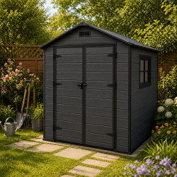 Magazie gradina pentru unelte, cu usa dubla si ventilatie, PVC imitatie lemn, 182x181x219 cm, negru