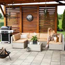 Set mobilier gradina 7 piese, canapea modulara colt L sau U, perne groase, masa cu blat sticla, technoratan, bej