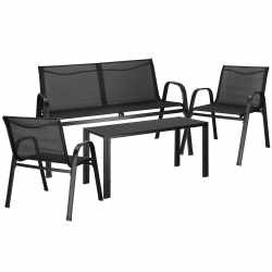 Set mobilier gradina 4 piese, masa cu sticla securizata, 2 scaune si canapea, cadru metalic, negru