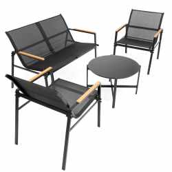 Set mobilier gradina 4 locuri, canapea 2 locuri, 2 scaune si masa rotunda sticla, cadru metalic, 119x71x82 cm, negru