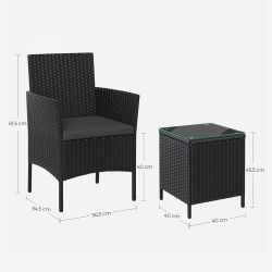 SONGMICS Set mobilier gradina cu 2 locuri, 2 scaune si masa cu sticla, ratan PE, negru si gri