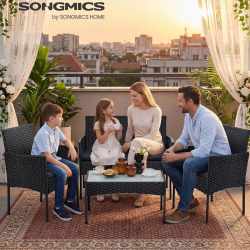 SONGMICS Set mobilier gradina 4 locuri, canapea, 2 scaune si masa cu sticla, ratan PE, negru si gri