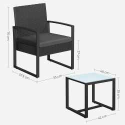 SONGMICS Set mobilier pentru gradina cu 2 scaune cu perne si masuta, cadru metalic, impletitura PE, negru si gri