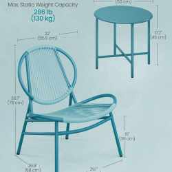 SONGMICS Set bistro gradina 3 piese, scaune Acapulco si masa diametru 50 cm, cadru metalic, albastru