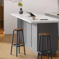 VASAGLE Set 2 scaune bar inalte, sezut rotund, cadru din otel, inaltime 74 cm, stil industrial, maro rustic si negru