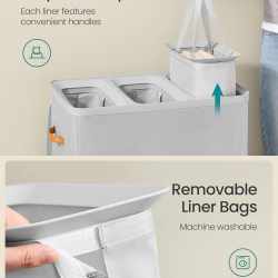 SONGMICS Cos rufe cu 3 compartimente si capac, saci detasabili cu maner, 190 litri, 64x40x75 cm, gri