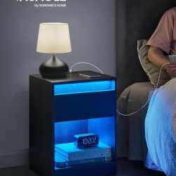 VASAGLE Noptiera cu iluminare LED reglabila, prize si porturi USB, sertar si raft, MDF si PAL, 40x35x55 cm, negru