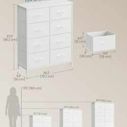 SONGMICS Comoda cu 8 sertare textile cu structura MDF, cadru metalic, stil minimalist, 77x30x95 cm, alb