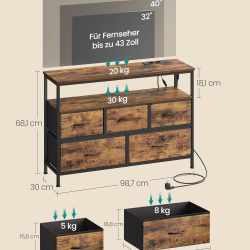 SONGMICS Comoda cu iluminare LED, statie incarcare cu prize si USB, 5 sertare si raft deschis, stil industrial, 99x30x68 cm, maro rustic