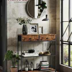 VASAGLE Masa tip consola ingusta cu 2 sertare textile si 3 niveluri, cadru metalic, stil industrial, 76x24x80 cm, maro rustic