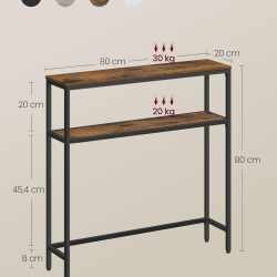 VASAGLE Masa tip consola ingusta cu 2 rafturi, cadru metalic, stil industrial, 80x20x80 cm, maro rustic