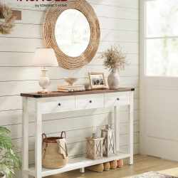 VASAGLE Masa tip consola cu 3 sertare si raft inferior, MDF si lemn masiv cu aspect hambar, 120x24x76 cm, alb rustic si maro