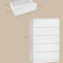 VASAGLE Comoda cu 5 sertare, design modern minimalist, PAL si MDF, 60x40x97 cm, alb