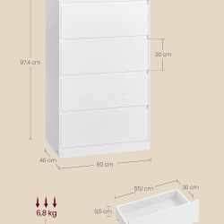 VASAGLE Comoda cu 4 sertare, design modern minimalist, PAL si MDF, 60x40x97 cm, alb