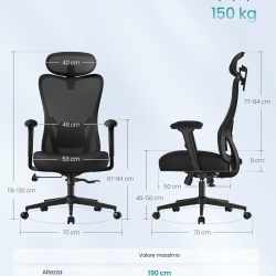 SONGMICS Scaun de birou ergonomic cu tetiera reglabila, suport lombar ajustabil, maxim 150 kg, 70x70x113-130 cm, negru