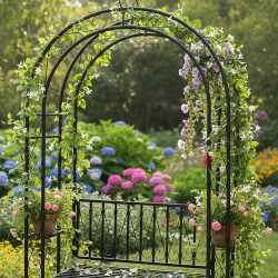Pergola decorativa pentru gradina cu banca, suport plante cataratoare, structura otel, 130x48x238 cm, negru