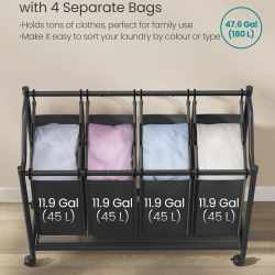 SONGMICS Cos de rufe mobil cu 4 saci detasabili cu manere, 180 litri, cadru metalic, 105x39x81 cm, negru