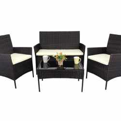 Set mobilier gradina 4 locuri, canapea 2 locuri, 2 fotolii si masa de sticla, tehnoratan, maro si crem