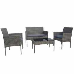 Set mobilier gradina 4 piese, canapea 2 locuri, 2 scaune si masa sticla, perne incluse, ratan sintetic, gri