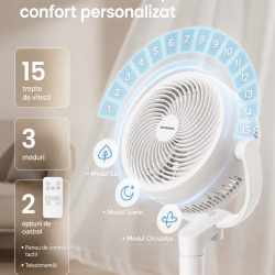 SONGMICS Ventilator cu picior reglabil pe inaltime, silentios 20 dB, 24 W, 15 viteze, telecomanda, oscilatie 120°, alb