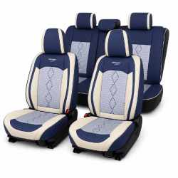 Huse auto premium 5 locuri Carguard Deluxe piele ecologică perforată și textil - albastru - alb