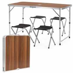 Set masa pliabila de camping cu 4 scaune, inaltime reglabila, aluminiu si MDF, 120x60x71 cm, maro si argintiu