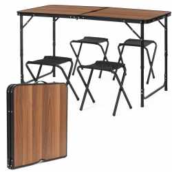 Set masa pliabila de camping cu 4 scaune, inaltime reglabila, aluminiu si MDF, 120x60x71 cm, maro si negru