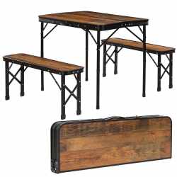 Set masa pliabila cu 2 banci pentru camping, reglabila pe inaltime, MDF si aluminiu, 90x60x70 cm, maro si negru