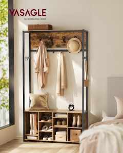 VASAGLE Cuier pentru hol cu banca si pantofar, raft superior, carlige reglabile, cadru metalic, stil industrial, 100x32x180 cm, maro rustic