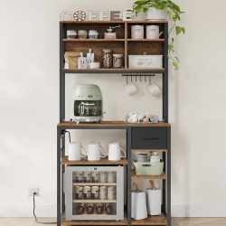 VASAGLE Raft bucatarie cu sertar si 12 carlige, 4 rafturi reglabile, 4 prize incorporate, stil industrial, 80x40x180 cm, maro rustic