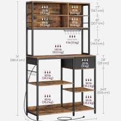 VASAGLE Raft bucatarie cu polite reglabile si sertar, 4 prize integrate, cadru metalic, stil industrial, 110x41x180 cm, maro rustic