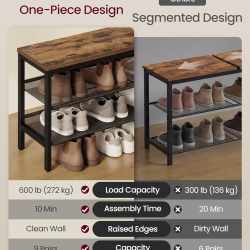 VASAGLE Banca pentru pantofi 3 rafturi, cu polite metalice si blat PAL, cadru otel, 75x28x50 cm, maro rustic
