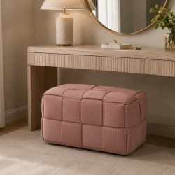 Taburet dreptunghiular tapitat cu material reiat, design impletit, 72x38x38 cm, roz