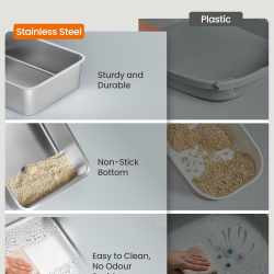 FEANDREA Litiera inchisa pentru pisici XL, inox, capac rabatabil 180°, intrare dubla, lopatica si perie incluse, 61x41x37 cm, bej