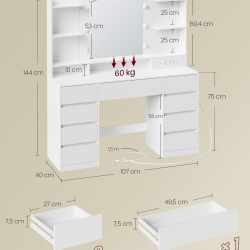 VASAGLE Masa de toaleta Kailyn cu oglinda LED, 9 sertare, MDF, 2 prize si porturi USB, 40x107x144 cm, alb