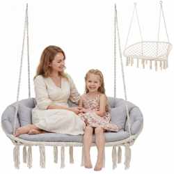 Scaun dublu tip leagan suspendat pentru casa sau gradina, cu perne, stil boho, 130x66x120 cm, maxim 300 kg, crem si gri
