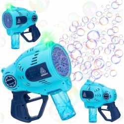 Pistol automat pentru baloane de sapun cu LED, acumulator inclus reincarcabil, 57 orificii, 24x24 cm, albastru