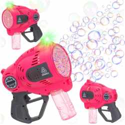 Pistol automat pentru baloane de sapun cu LED, acumulator inclus reincarcabil, 57 orificii, 24x24 cm, roz