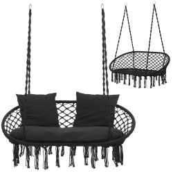 Scaun dublu tip leagan suspendat pentru casa sau gradina, cu perne, stil boho, 128x66x124 cm, maxim 300 kg, negru