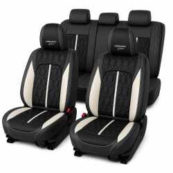 Huse auto premium 5 locuri Carguard Deluxe piele ecologică perforată - negru - alb