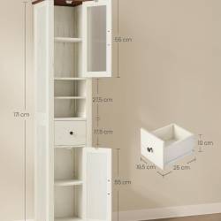 VASAGLE Dulap baie ingust Liry, tip coloana, cu sertar, compartimente deschise si usi, MDF, 33x32x171 cm, alb rustic
