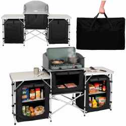 Bucatarie de camping pliabila cu 3 blaturi MDF, cadru aluminiu, portabila pentru exterior, 175x45x110 cm, gri
